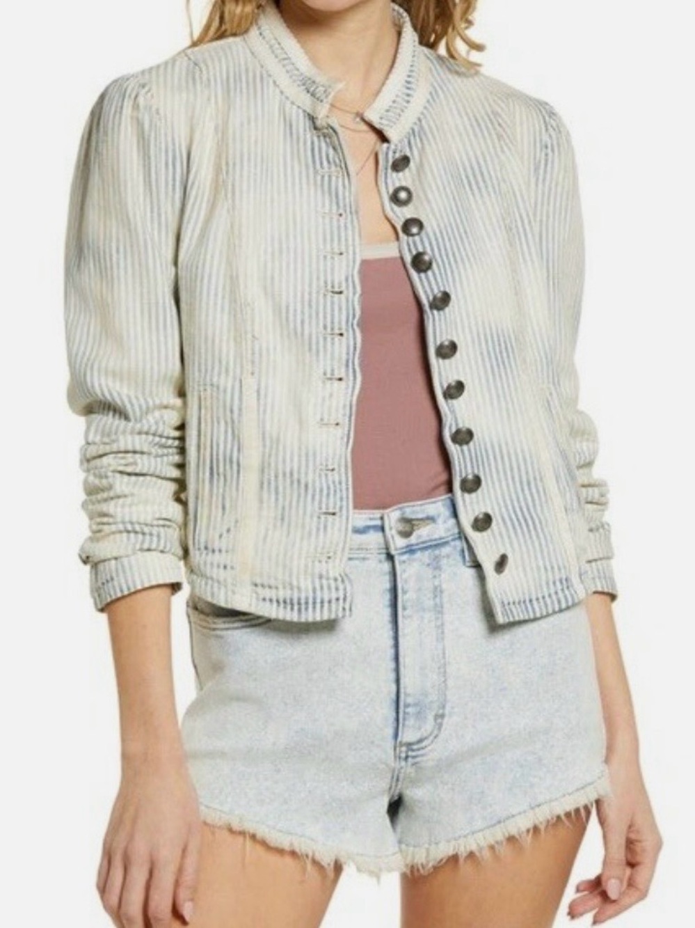 Free People Cassie Stripe Denim Jacket in Bleached out Indigo